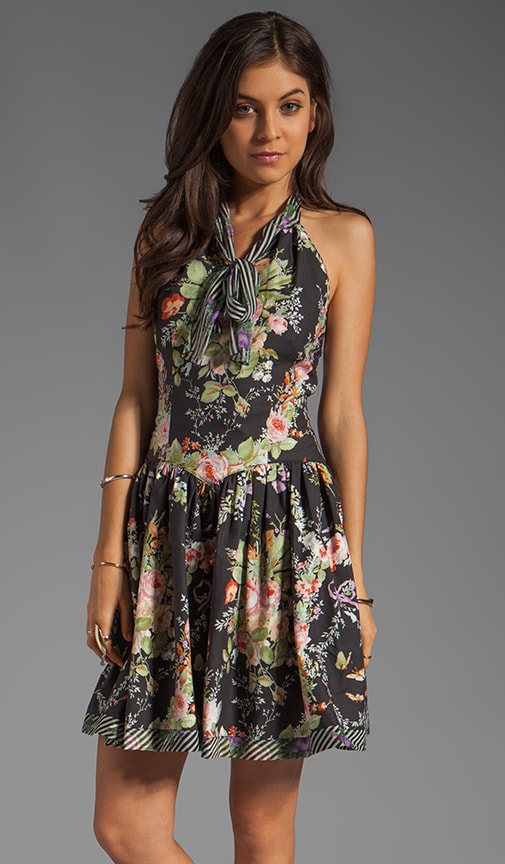 RUNWAY Floral Wreath Print Cotton Poplin Halter Dress