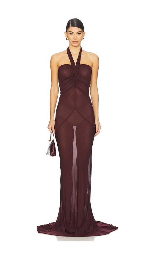 Atlein Halter Neck Ruched Gown In Burgundy
