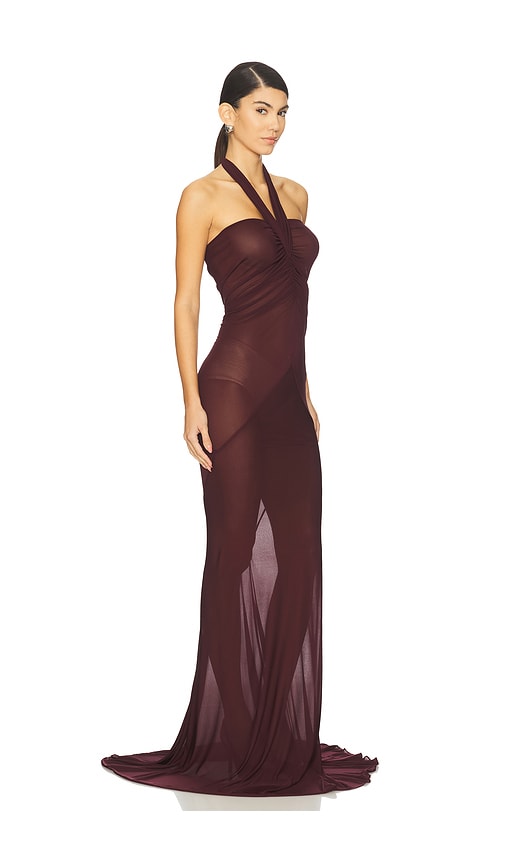 Atlein Halter Neck Ruched Gown In Burgundy