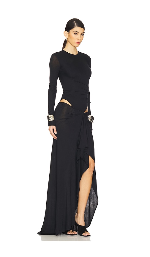 Attico Long Draped Jersey Dress With Pleats In Black