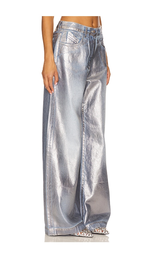 Attico Crackle Treated Cutout Wide Jeans In Silver