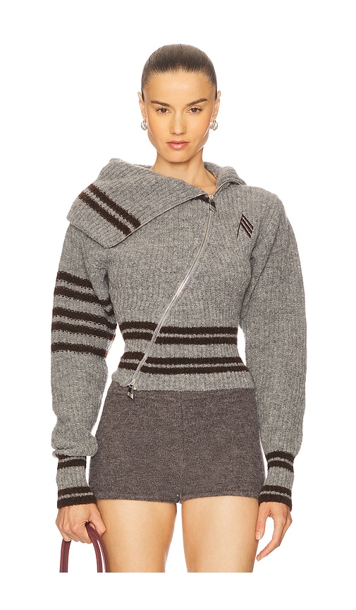 Attico Womens Asymmetric High-neck Knitted Cardigan Melange Grey In Gray
