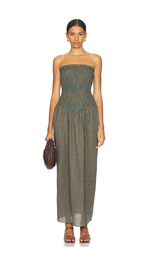 Shop Apres Studio Ruched Strapless Maxi Dress In Pine Check