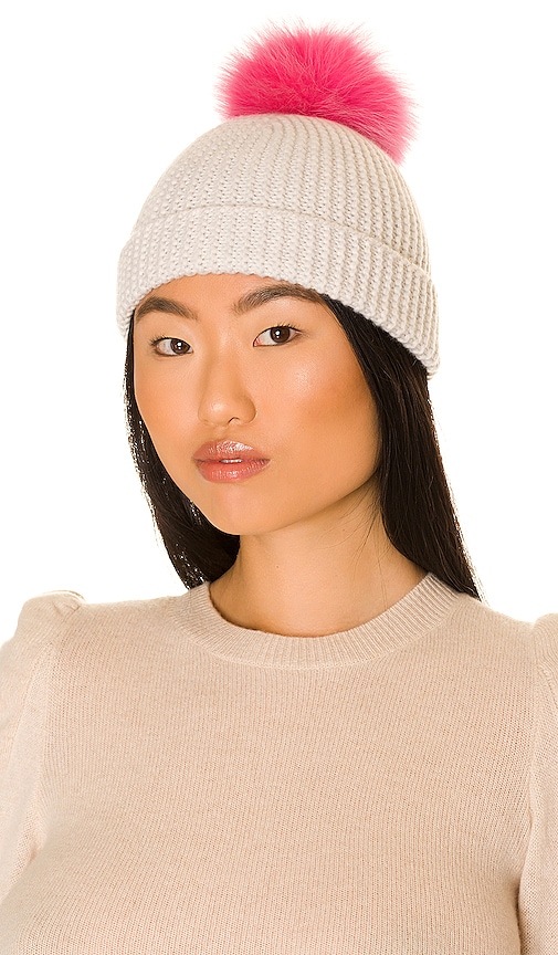 Autumn Cashmere Contrast Fur Pom Pom Beanie In Marble & Festival Pink