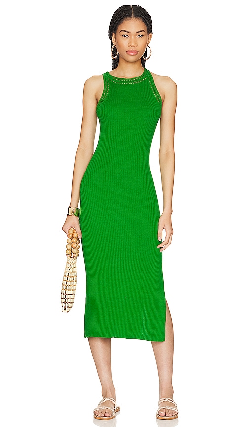 Autumn Cashmere Halter Rib Dress W/ Hand Crochet Trims In Clover