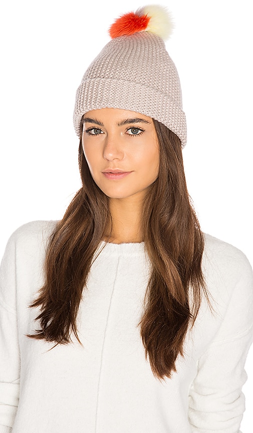 Autumn Cashmere Multicolor Fox Fur Pom Pom Hat in Bone Bengal