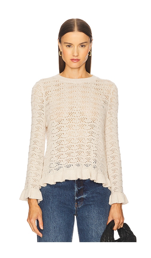 Pointelle Ruffle Edge Crew Top in Neutral. - size S (also in L, M, XS)