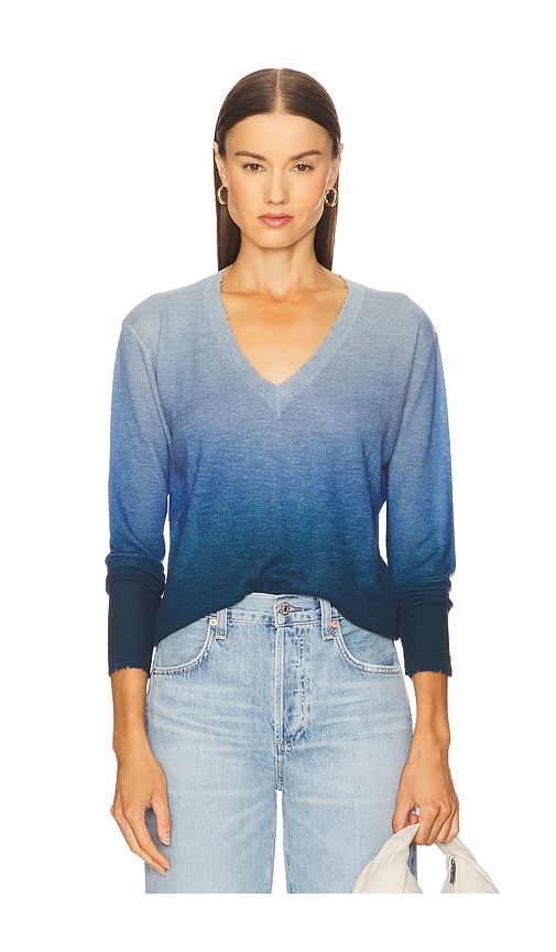 Ombre Print Distressed Edge V-neck Top in Blue. - size S (also in L, M, XS)