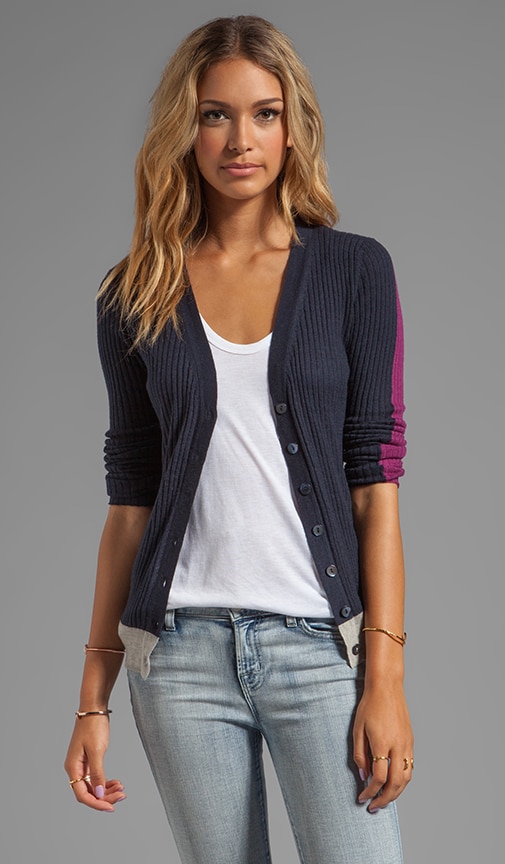 Tissue Cashmere Ribbed Color Block V Neck Cardigan