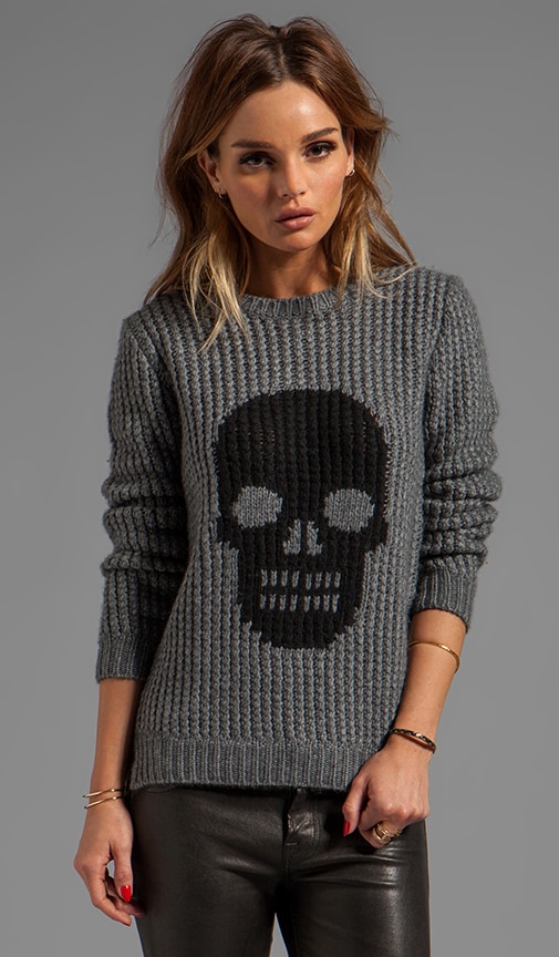 Autumn Cashmere Handknit Skull Crew Sweater in Flannel Ebony