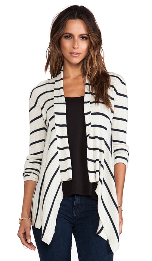 Autumn Cashmere Striped Ribbed Drape Cardigan In Hemp Dungaree