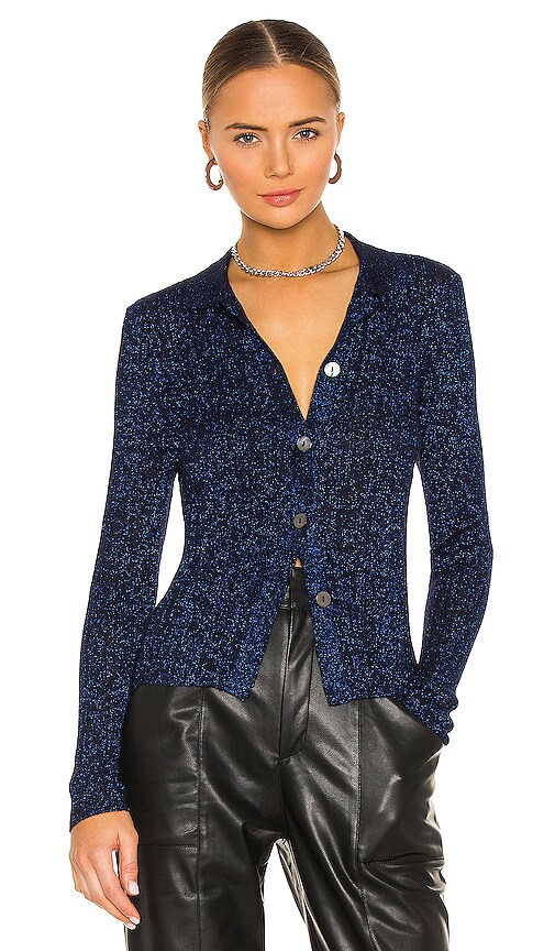 Autumn Cashmere Shimmer Rib Polo Cardigan in Blue Spark | REVOLVE