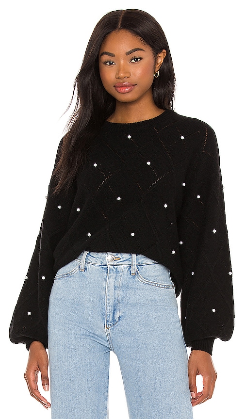 Autumn Cashmere Puff Sleeve Pointelle With Pearls Sweater in Black