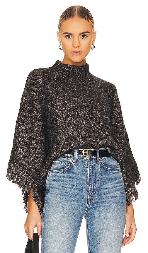 Autumn Cashmere Tweed Fringed Poncho in Charcoal