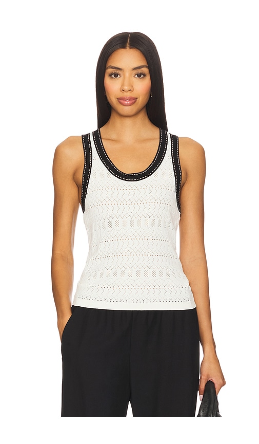 Pointelle Racer Back Tank Top With Saddle Stitching in Ivory. - size XS (also in L, M, S)