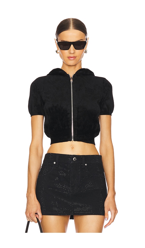 Shop Alexander Wang Short Sleeve Cropped Zip Hoodie In Black