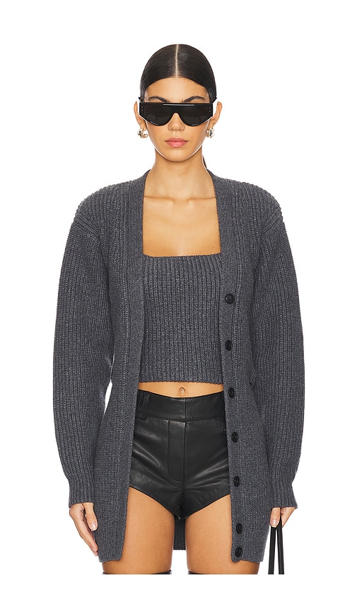 Alexander Wang Ribbed Bilayer V-neck Cardigan With Cami Twinset In Gray