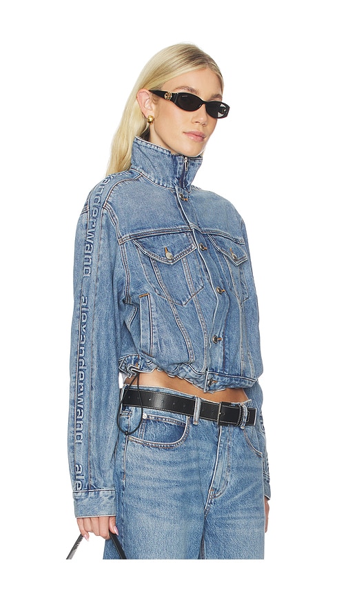 Alexander Wang Denim Track Jacket With Embossed Logo Panel in Vintage Light Indigo