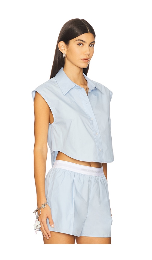 Alexander Wang Cropped Button Down Sleeveless Shirt With Necklace In Blue