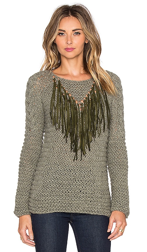 AYNI Tara V Leather Fringe Sweater in Beige Melange | REVOLVE