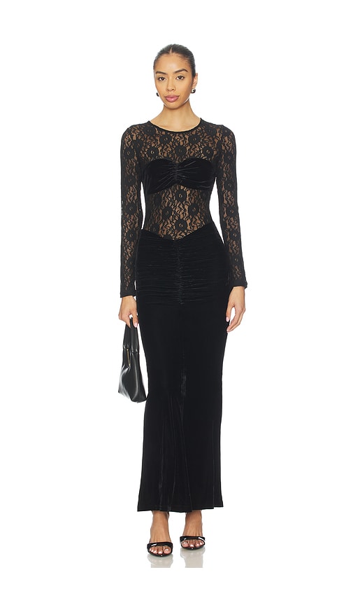 Bardot Helenie Long-sleeve Stretch Velvet Lace Maxi Dress In Black