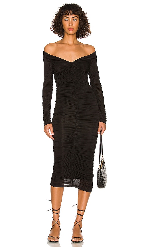 Bardot Ruched Detail Midi Dress in Black | REVOLVE