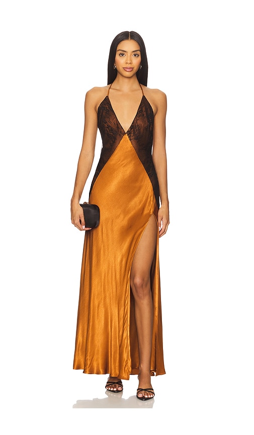 Estrella Halter Maxi Dress in Burnt Orange,Black. - size 8 (also in 10, 12, 2, 4, 6)