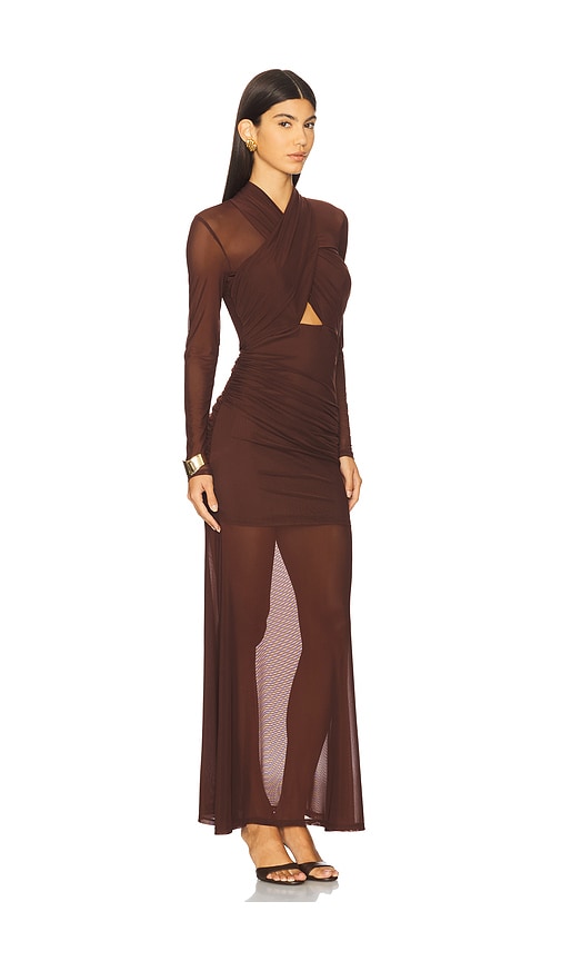 Bardot Marice Wrap Long Sleeve Mesh Maxi Dress In Brown