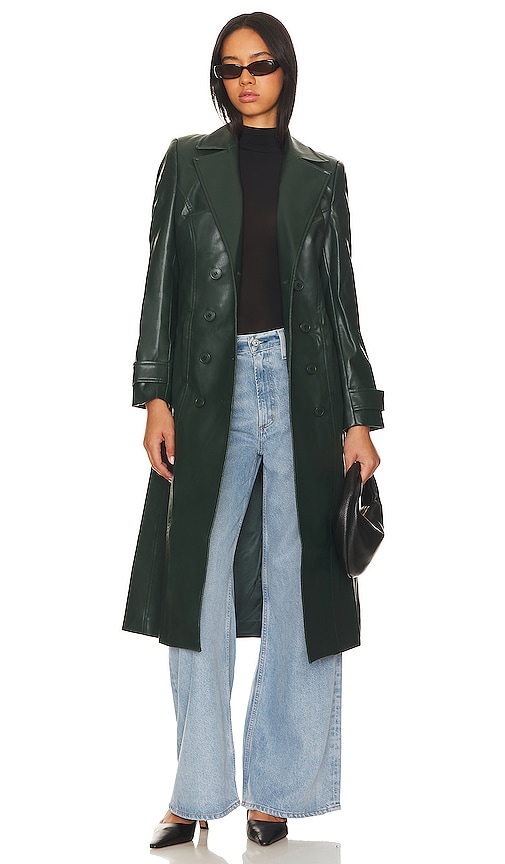 Faux Leather Trench Coat in Evergreen