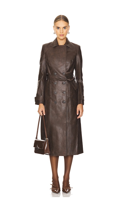 Bardot Faux Leather Trench Coat In Chocolate