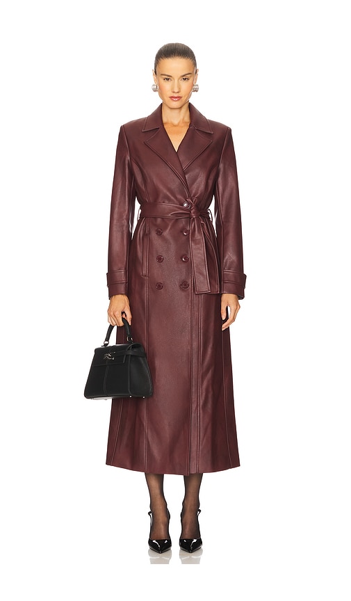 Bardot Faux Leather Longline Coat In Burgundy
