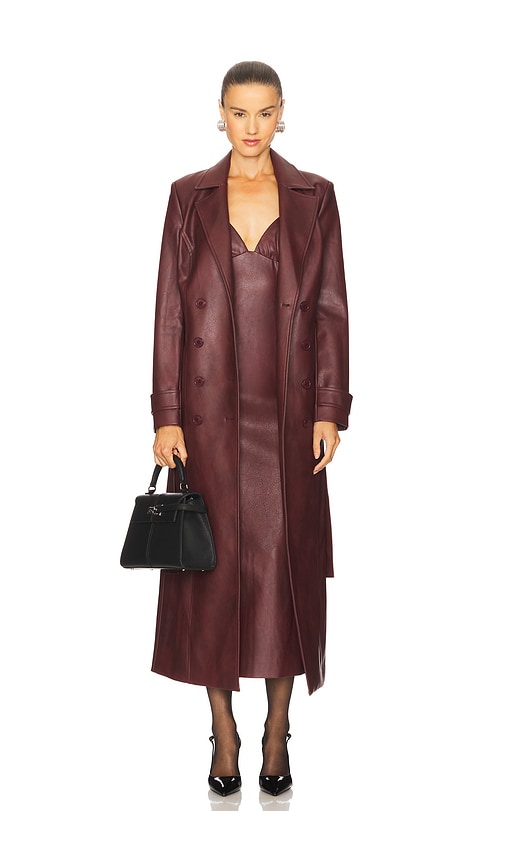 Bardot Faux Leather Longline Coat In Burgundy