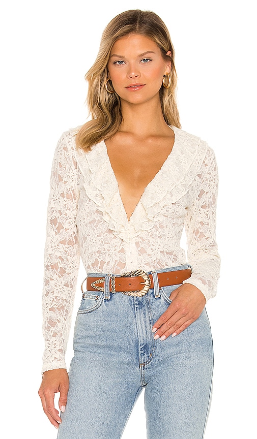 Bardot Frill Lapel Lace Shirt in Ivory | REVOLVE