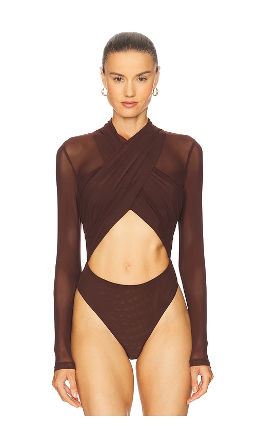 Bardot Aliyah Wrap Long Sleeve Bodysuit In Brown