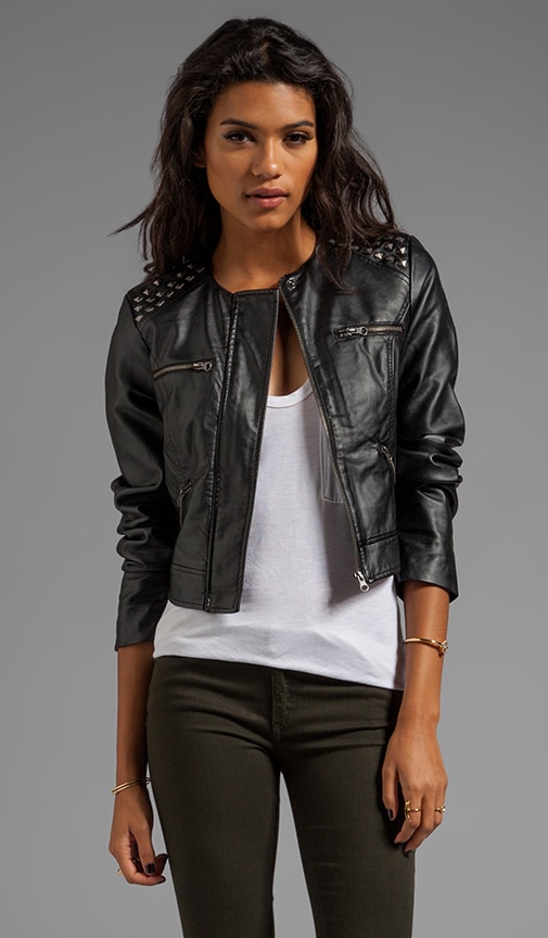 Adela PU Cropped Studded Shoulder Moto Jacket