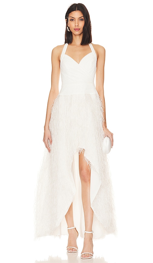 BCBGMAXAZRIA Feathered Evening Dress in Ivory