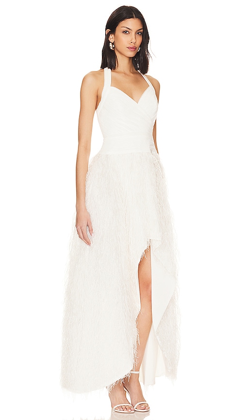 Shop Bcbgmaxazria Feathered Evening Dress In Ivory