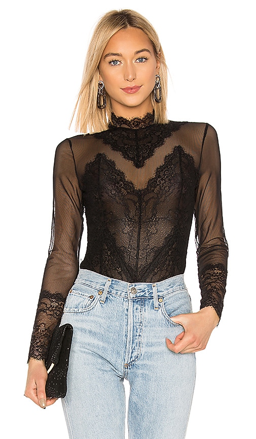 BCBG Black Sheer Lace Bodysuit- Size S – The Saved Collection