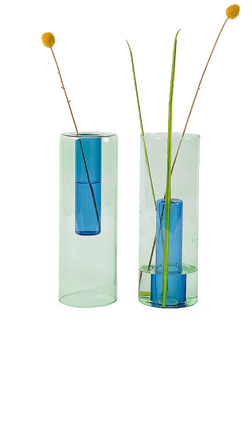 Block Design Large Reversible Glass Vase – 绿色 & 蓝色 In Green & Blue