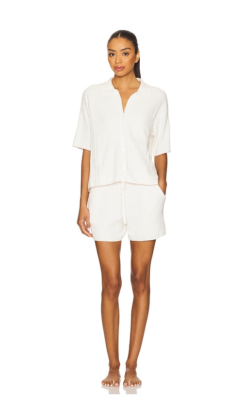 CozyChic Ultra Lite Contrast Scallop Short Sleeve Shirt And Short Set in Ivory. - size XS (also in L, M, S, XL)