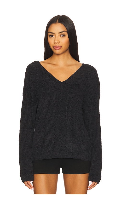 Barefoot Dreams Cozychic Lite Ribbed V Pullover With Back Tie In Black