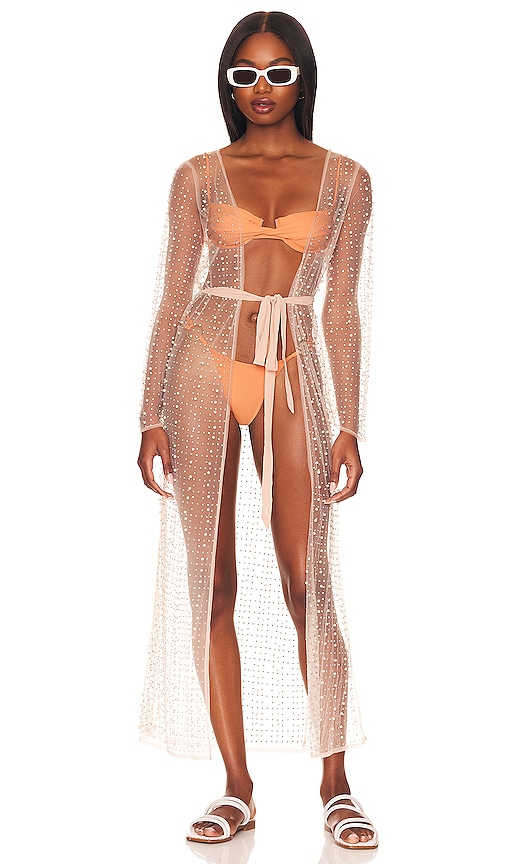 Beach Bunny Glitzy Girl Pearl Mesh Top and Skirt Set in Nude