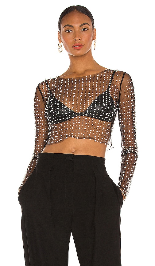 Nude Pearl and Rhinestone Detail Sheer Mesh Top - Size L