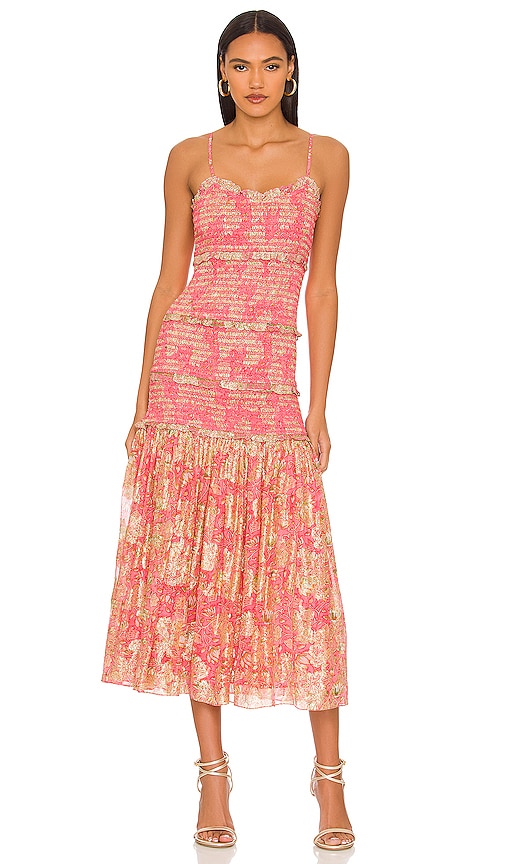 Saylor Soma Tiered Lace Midi Dress in Metallic