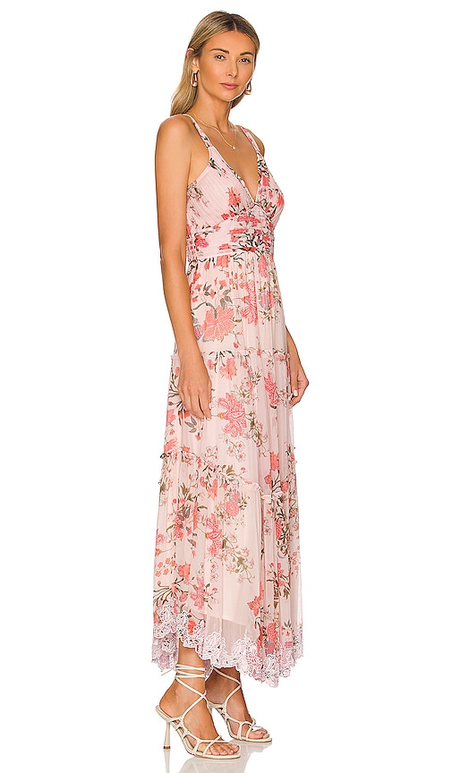 Hemant & Nandita Tiered Ruffle Floral Midi Dress In Peach | ModeSens