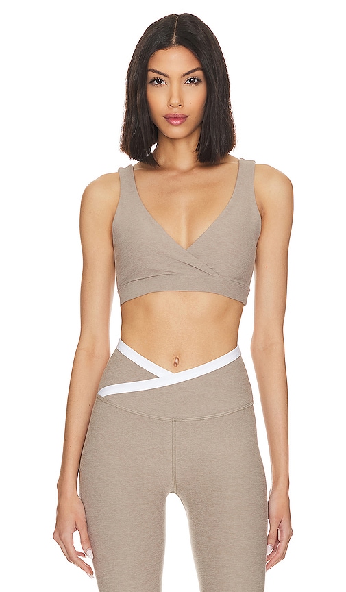 Beyond Yoga Spacedye Crossover Sports Bra In Taupe