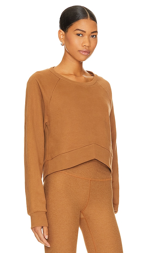 Shop Beyond Yoga Uplift Cropped Pullover Sweatshirt In Tan