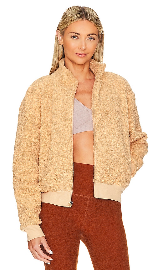 Beyond Yoga Brave The Elements Sherpa Bomber in Tan.