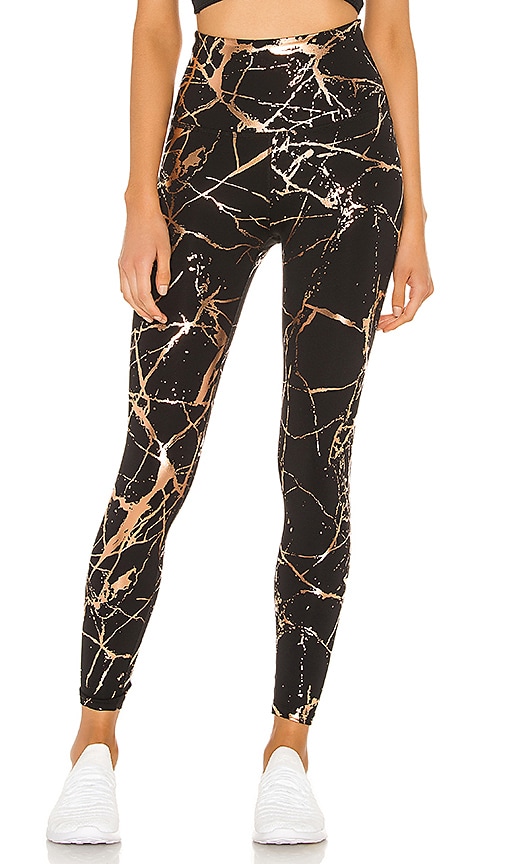 Beyond Yoga Lost Your Marbles High Waisted Midi Legging in Black Shiny &  Rose Gold Marble