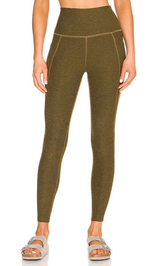 Beyond Yoga Spacedye Out of Pocket High Waisted Midi Legging in Olive.